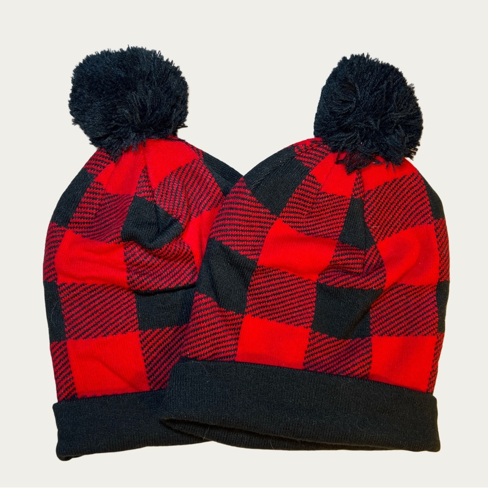 Pair of Red and Black Plaid Pom-Pom Beanies‎ Winter Holiday Twinning OS